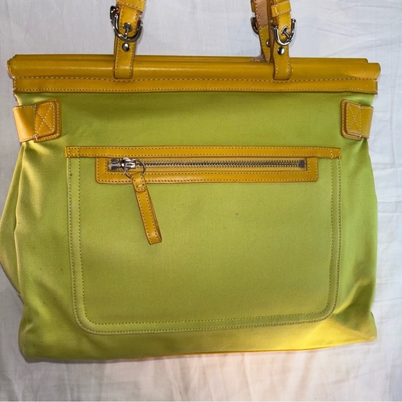 Coach Green Canvas & Yellow Leather Trim Carryall Hampton Tote - Picture 7 of 16